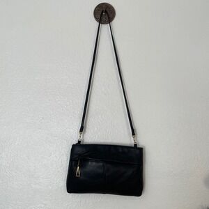 JENNIFER MOORE Black Leather Crossbody Shoulder Bag with Gold Triangle Charm